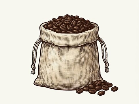 Roasted coffee beans with linen pouch, morning ritual concept