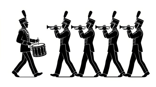 Marching Band Silhouette with Drummer and Trumpet Players in Uniform Illustration for Parade and Music Events