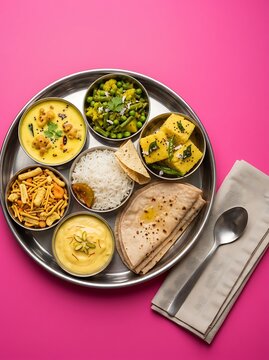 Traditional Indian thali meal with various curries and rice on a stainless steel plate