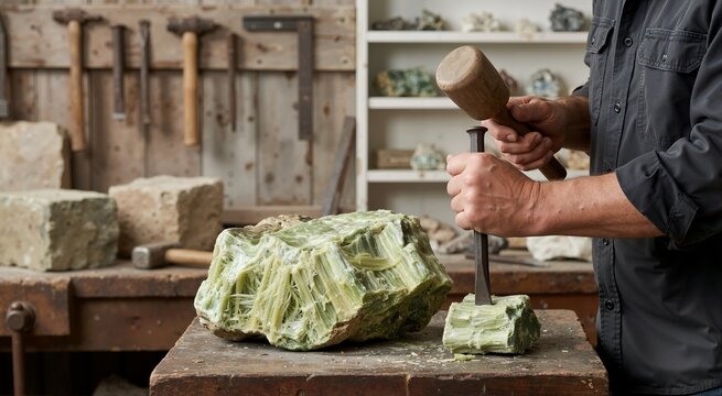 Stonemason carving green serpentine mineral stone with hammer and chisel. Sculptor working on fibrous rock block in workshop