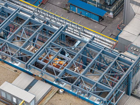 Aerial view of the Heizkraftwerk Reuter West power plant featuring complex steel framework and industrial piping in Berlin, Berlin, Germany.