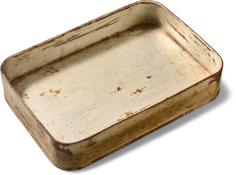 empty old rusty metal box isolated white background, weathered rectangular tin container with scratches and dirt, top view