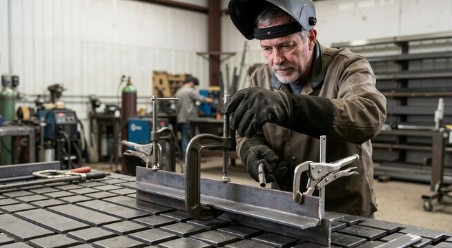Welder clamping steel angle iron on welding table. Metal fabricator preparing joint with c-clamps
