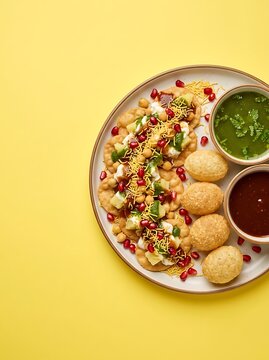 Delicious Indian street food dahi puri served on a plate with chutneys