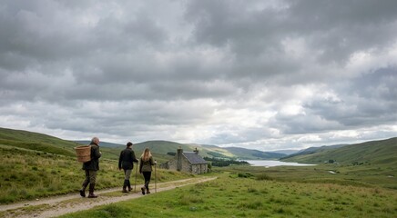 Obraz premium Three hikers walking on a dirt track through green hills toward a stone cottage. Hikers exploring rural landscape under an occluded cloudy sky