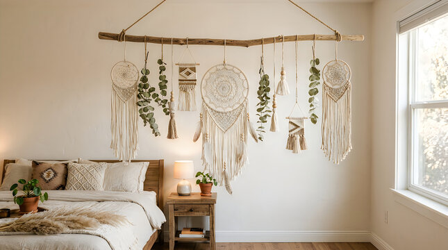 Boho style macrame wall hanging decoration made of cotton rope in a modern cozy bedroom