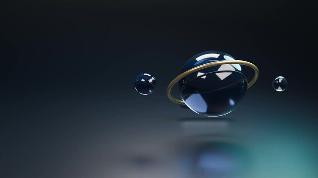 Dark glass sphere with a gold ring tilting as small glass bubbles orbit above a reflective teal floor, midnight luxury abstract 3D animation