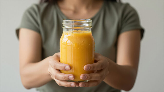 Close-up of a woman holding a glass jar filled with fresh mango smoothie. A healthy organic beverage for wellness