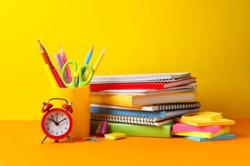 Notebooks, holder with various school stationery and red alarm on color table near yellow wall © Sunlight