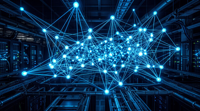 Futuristic digital data network connecting in a server room