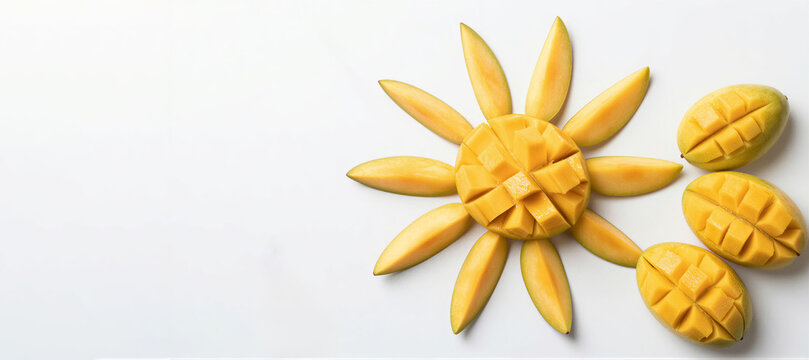 Flat lay of ripe mango slices in a creative sun shape on white marble. Fresh tropical fruit with copy space for a summer food concept