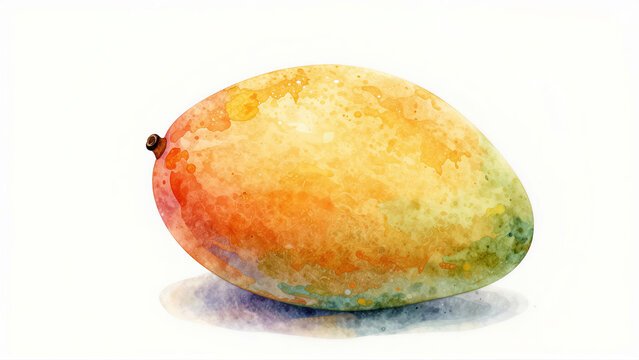 Vibrant watercolor mango illustration isolated on a white background. This fresh fruit painting features rich texture and paint splatter for an artistic look