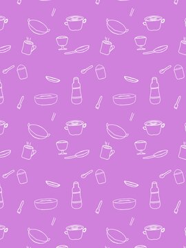 Hand Drawn Kitchen Utensils Seamless Pattern on Purple Background