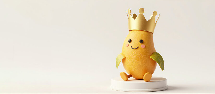 Cute mango character wearing a gold crown on a white pedestal. Minimalist fruit mascot illustration for summer branding and healthy food concept