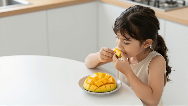 A young child enjoying a fresh mango snack in a modern white kitchen. The ripe fruit is sliced into a cube pattern on a plate, offering a healthy, nutritious meal