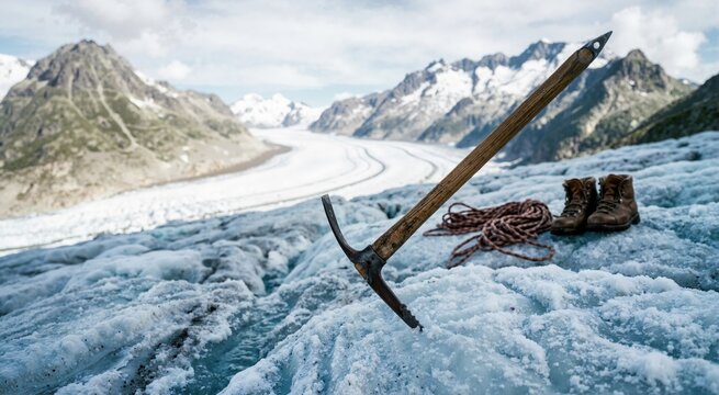 Vintage ice axe stuck in glacier ice with climbing rope and boots. Mountaineering equipment on an alpine glacier overlooking mountain valley