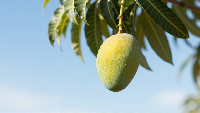 Fresh mango hanging from a tropical tree branch against a clear sky. Close up of organic fruit with dew on skin. Ideal for a nature or healthy food concept