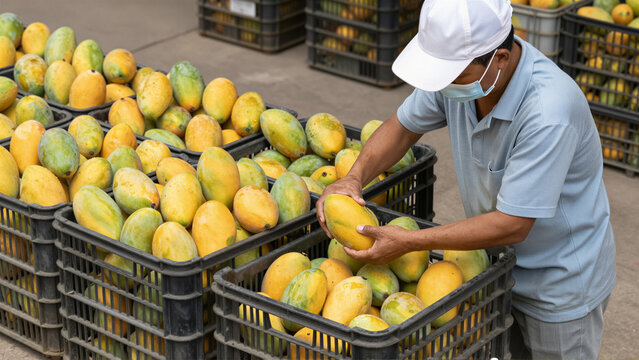 A worker wearing a face mask sorts ripe yellow mango fruit into a plastic crate at a market. Fresh organic produce ready for export and retail distribution