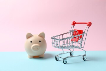 Piggy bank with shop cart on color background. Concept for saving money, financial security or personal funds © Sunlight