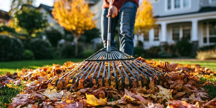 Person rakes fallen leaves from a carefully kept residential lawn. Autumn yard work maintains the garden while marking the visible change of season.