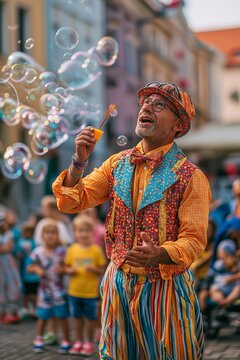 Cheerful street performer blows soap bubbles as children watch in a sunny city square. Playful public entertainment creating shared delight in an urban space.