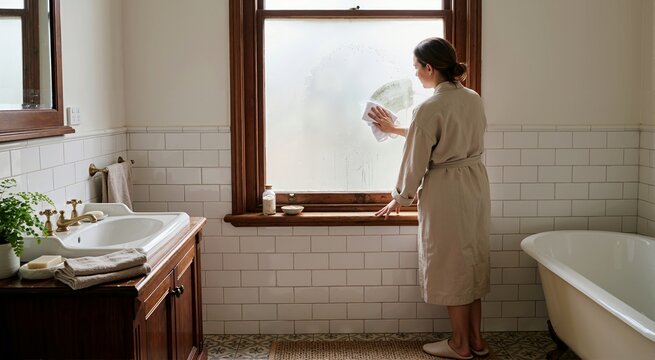 Woman in bathrobe wiping condensation from frosted bathroom window. Morning routine in vintage tiled bathroom