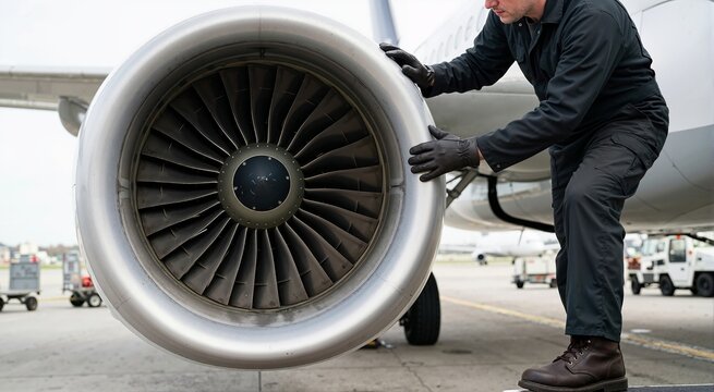 Aviation technician inspecting airplane turbofan engine intake. Aircraft preflight maintenance check on airport tarmac