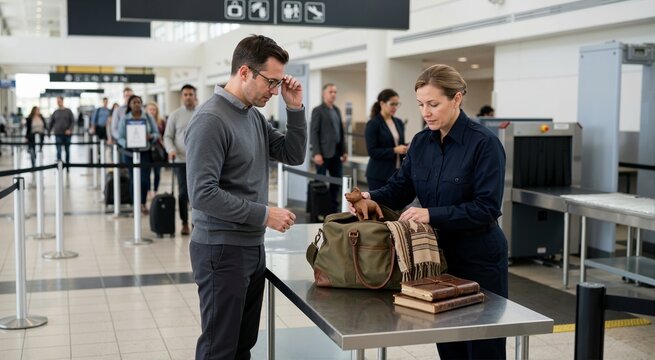 Airport security officer inspecting passenger bag at checkpoint. Manual luggage search with traveler standing at metal inspection table
