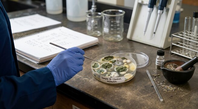 Scientist examining mold culture in a petri dish with an inoculation loop in a laboratory. Microbiology experiment on traditional extracts