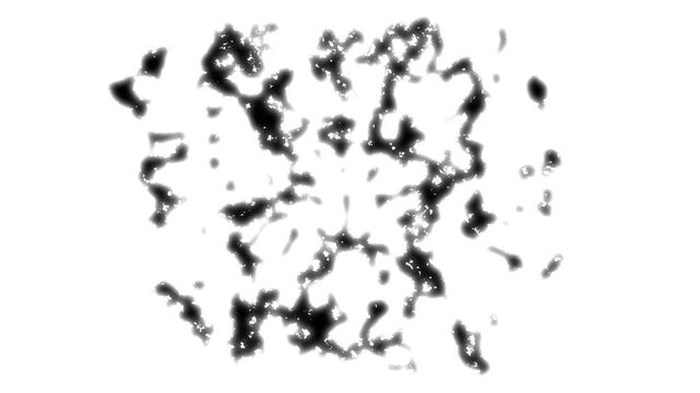 Abstract black ink cloud bursting across white screen, liquid paint droplets flying outward, flowing streams, rough brush textures, artistic grunge transition, 4K animation
