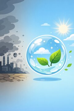 Pollution versus clean environment concept bubble with leaves for eco poster banner and sustainability awareness graphic