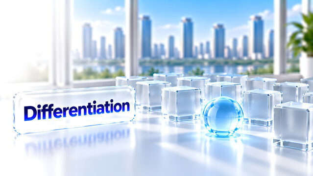 Business differentiation concept with glowing technology sphere and city