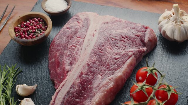 Raw T-bone steak with herbs and garlic and tomatoes on the serving slate board close-up. Top view.