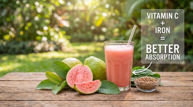 Fresh guava juice with sliced fruit and lentils on a wooden table with health benefit text overlay