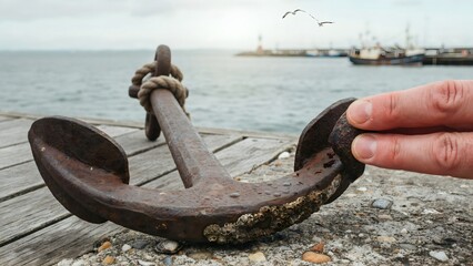 Obraz premium Close-up of rusted metal anchor resting on wooden pier near harbor with boats and seagulls