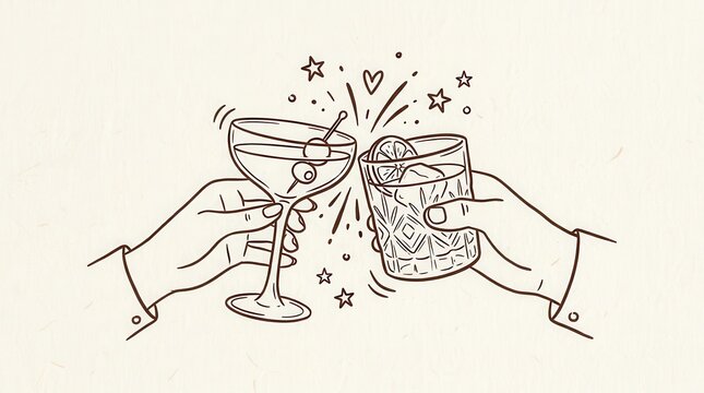 Hand Drawn Illustration of Two Hands Clinking Cocktail Glasses for Celebration and Toasting in Minimalist Line Art Style