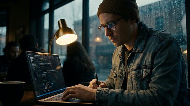 Young man coding on a laptop in a cozy cafe at night