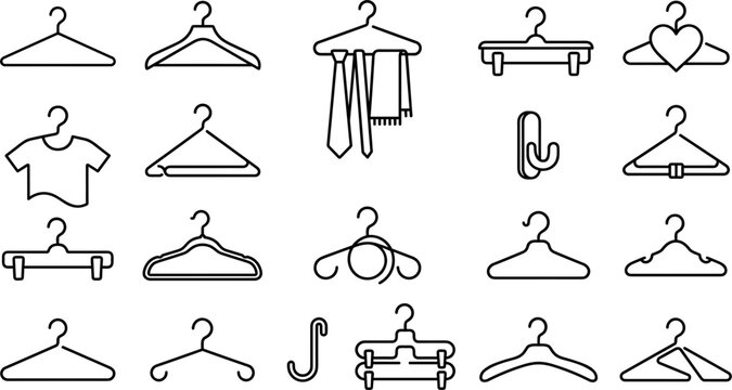 Clothes hanger minimal line icon set featuring wardrobe racks hooks shirts ties scarf heart shapes and fashion retail vector symbols
