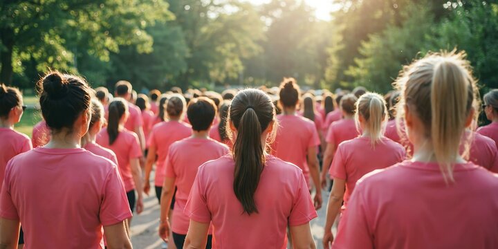 Crowd of People Walking in Pink Shirts Rear View for Breast Cancer Awareness