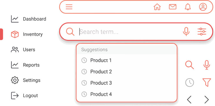 E-commerce search bar ui ux elements, modern vector input fields with dropdown product suggestions for online shopping.