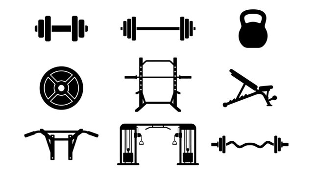 Gym equipment vector icons set with dumbbell, barbell, kettlebell, weight plate, rack, bench, and pull up bar for fitness design