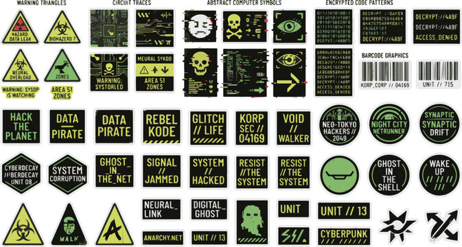 Cyberpunk sticker collection set including futuristic hazard warning signs computer system icons digital code patterns glitch symbols and robotic tech labels for industrial equipment retro science fic