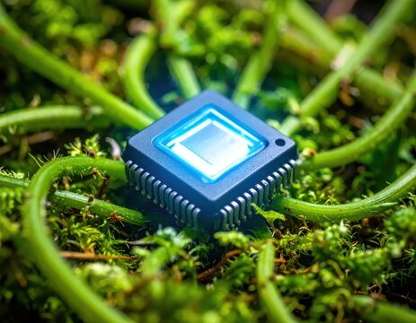 Microchip Surrounded by Green Natural Elements and Vibrant Plants in a Close-Up View