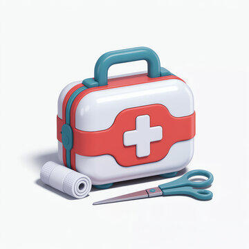 A 3d render of a plastic medical first aid kit box with a bandage and scissors isolated on white