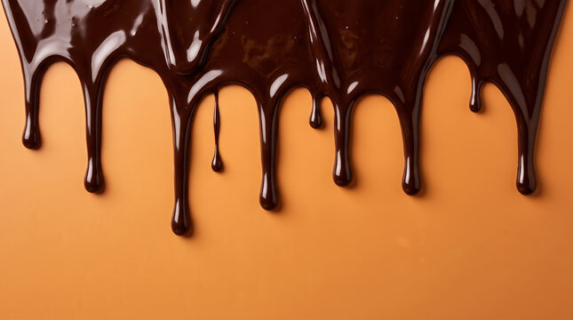 Melted Dark Chocolate Dripping Down on Warm Orange Background with Copy Space for Food Design
