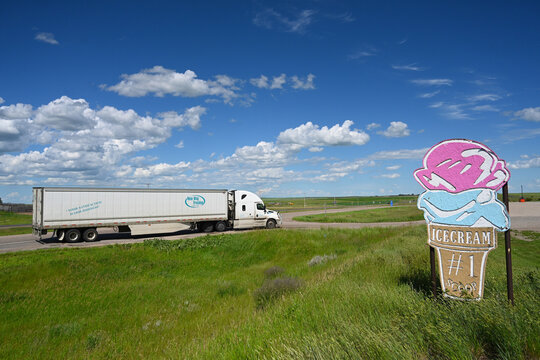 Tompkins, SK, Canada - July 04, 2026: A truck is driving along the  Trans-Canada Highway 1 in Saskatchewan.