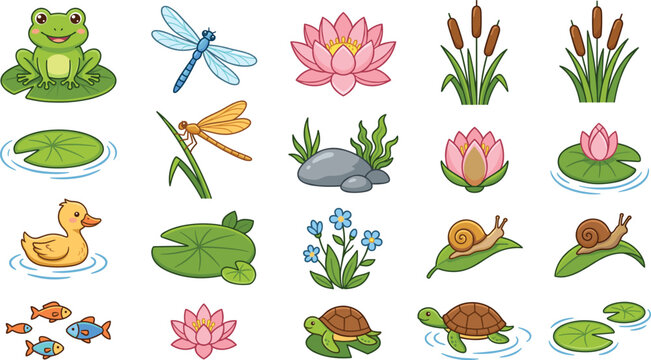 Cute Cartoon Pond Wildlife and Flora Set with Frog Turtle Lotus and Dragonfly Vector Graphic Designs
