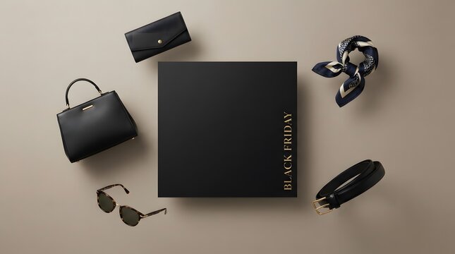 Elegant flat lay of black accessories including a wallet bag and sunglasses