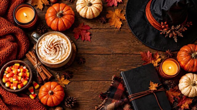 4K UHD Seamless Loop Animation of Cozy Halloween Autumn Table with Pumpkins, Witch Hat, Candy Corn, Candles and Spiced Coffee