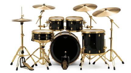 Fototapeta premium Professional Black and Gold Drum Set Isolated on White Background - High-End Musical Instrument Kit for Percussionists